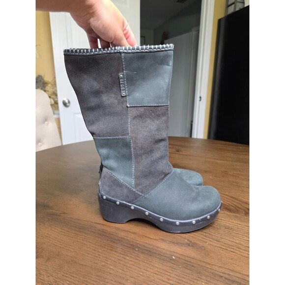 Womens Gray Leather & Suede Tall Boots With Studded Platform Heels - Picture 1 of 16